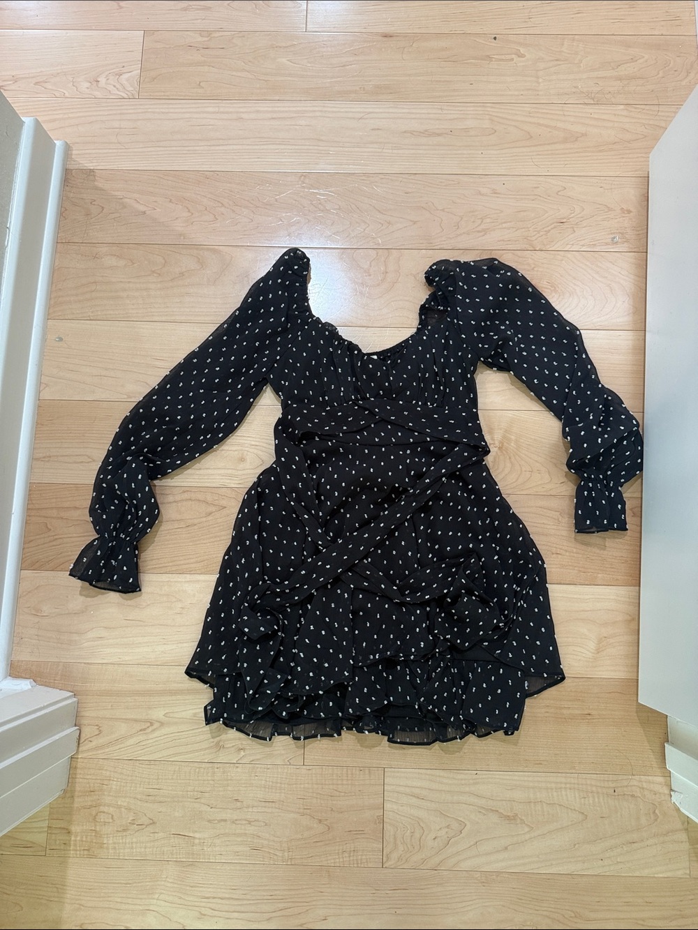 Black Long-Sleeve Mini Dress with White Dot Print